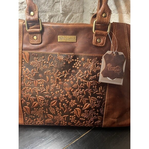 Valenchi Genuine 100% Brown Leather Large Embossed Tooled Floral Shoulder Bag - Picture 2 of 12